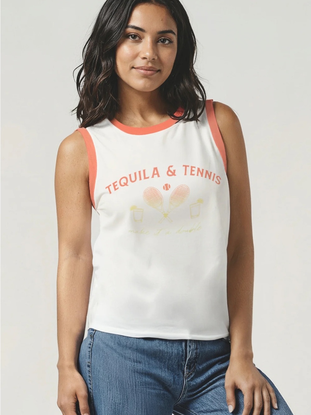 Wildfox White Muscle Tee with Coral Trim - 'Tequila & Tennis' Graphic